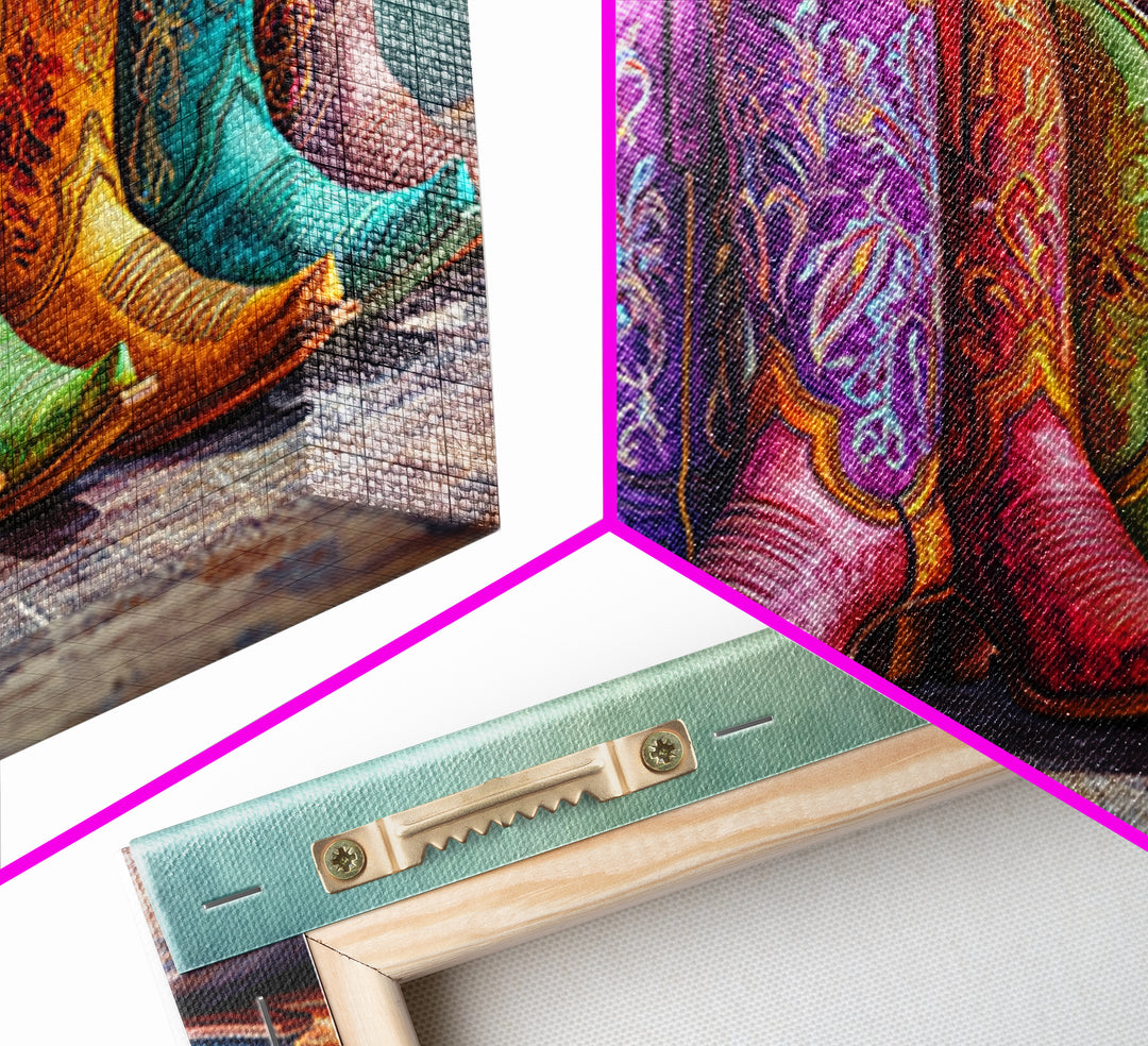 Bold Embroidered Cowboy Boots Canvas Print, Western Cowgirl Wall Art, Colorful Rustic Farmhouse Decor, Statement Living Room Art