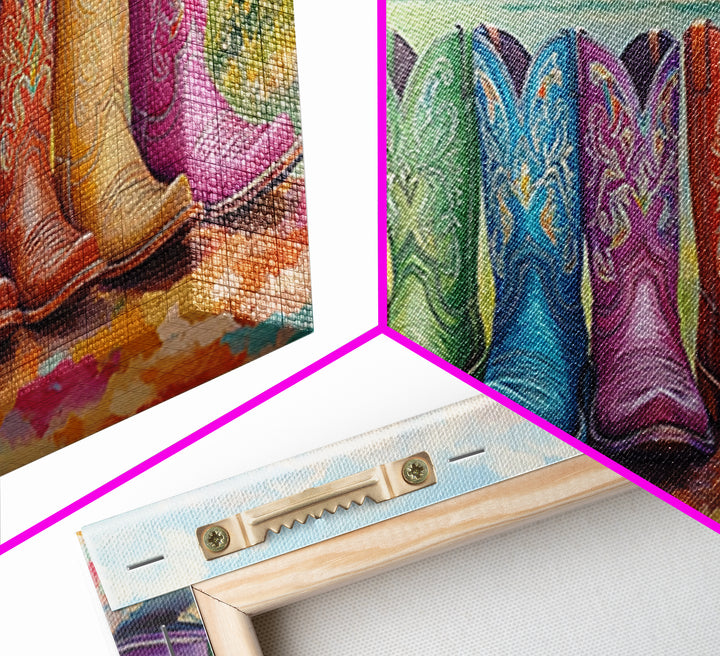 Rainbow Cowboy Boots With Mountain Meadow View Framed Canvas Print, Western Landscape Wall Art, Rustic Farmhouse Decor Gift