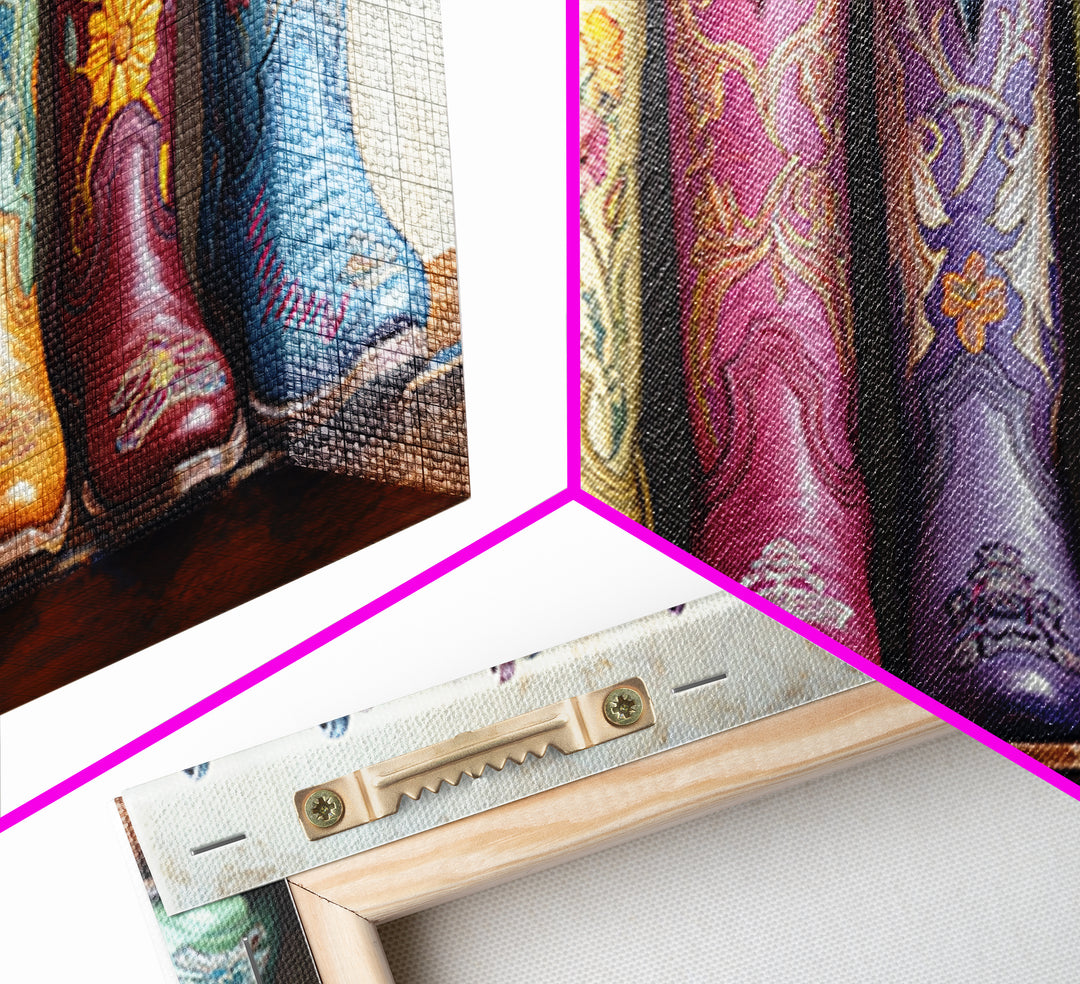 Pastel Floral Western Boots With Golden Embroidery Canvas Print, Cowgirl Wall Art, Boho Western Decor, Girls Room Decor Gift