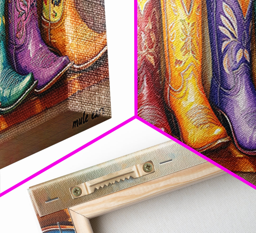 Playful Floral Cowgirl Boots In Pink Blue Orange Canvas Print, Western Wall Art, Boho Cowgirl Decor, Gift For Her, Living Room Decor
