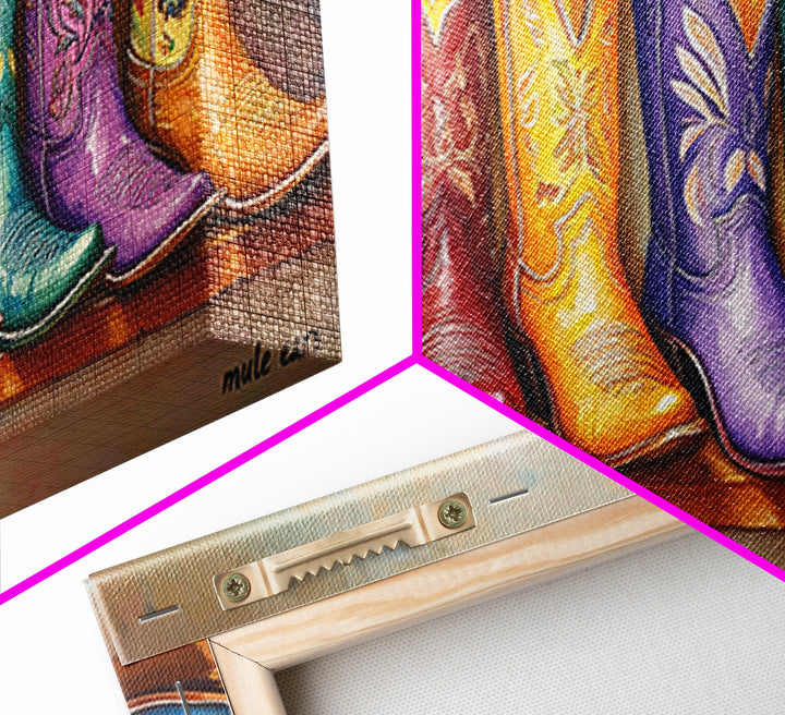 Playful Floral Cowgirl Boots In Pink Blue Orange Canvas Print, Western Wall Art, Boho Cowgirl Decor, Gift For Her, Living Room Decor