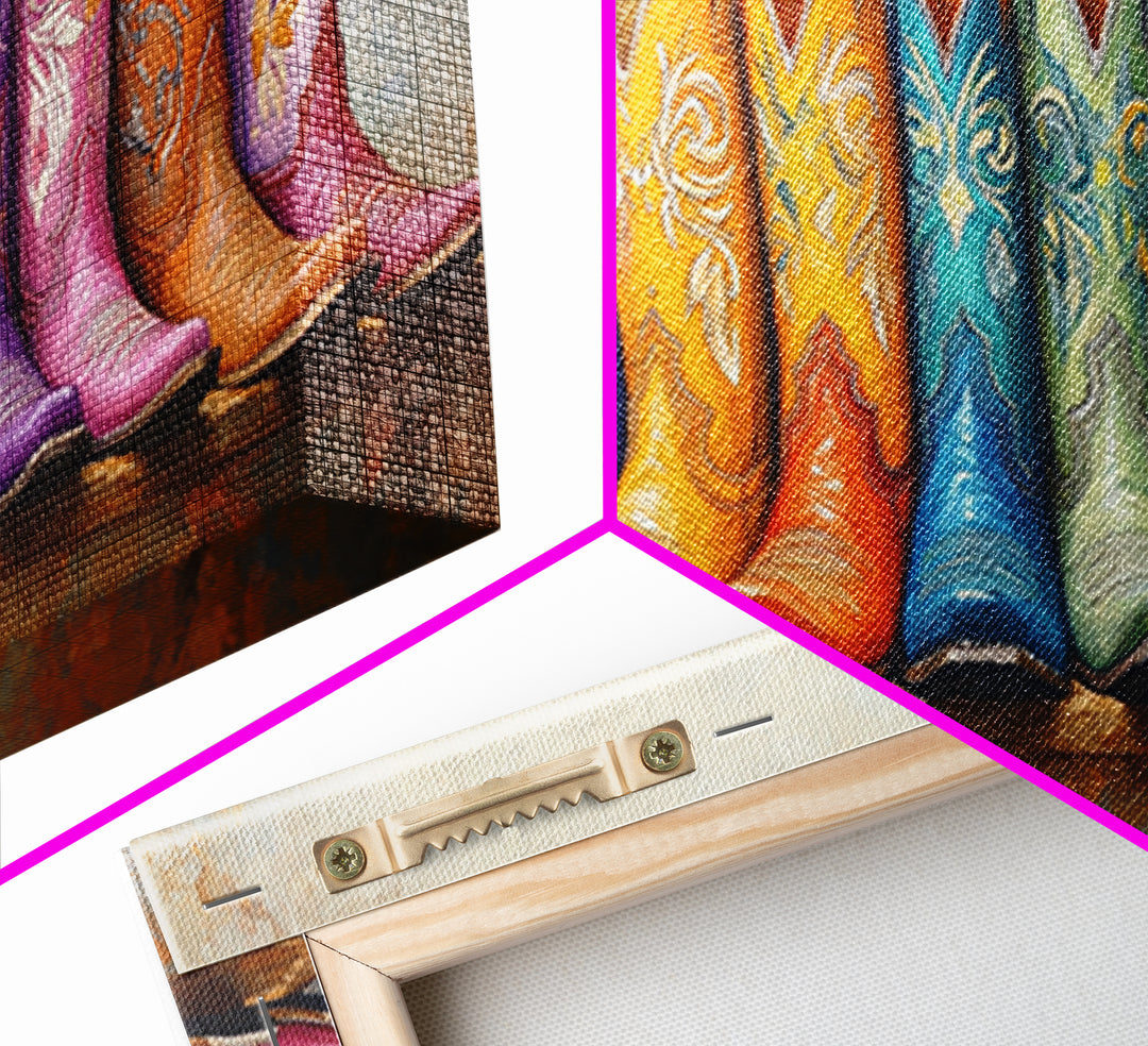 Boho Rainbow Western Boots On Rustic Ledge Framed Canvas Print, Cowgirl Wall Art, Colorful Wall Decor, Housewarming Gift