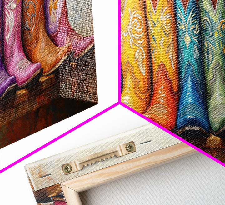 Boho Rainbow Western Boots On Rustic Ledge Framed Canvas Print, Cowgirl Wall Art, Colorful Wall Decor, Housewarming Gift