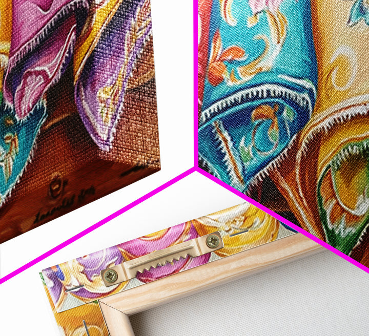 Rolled Embroidered Western Blankets Canvas Print, Colorful Cowgirl Wall Decor, Boho Ranch Living Room Art, Housewarming Gift