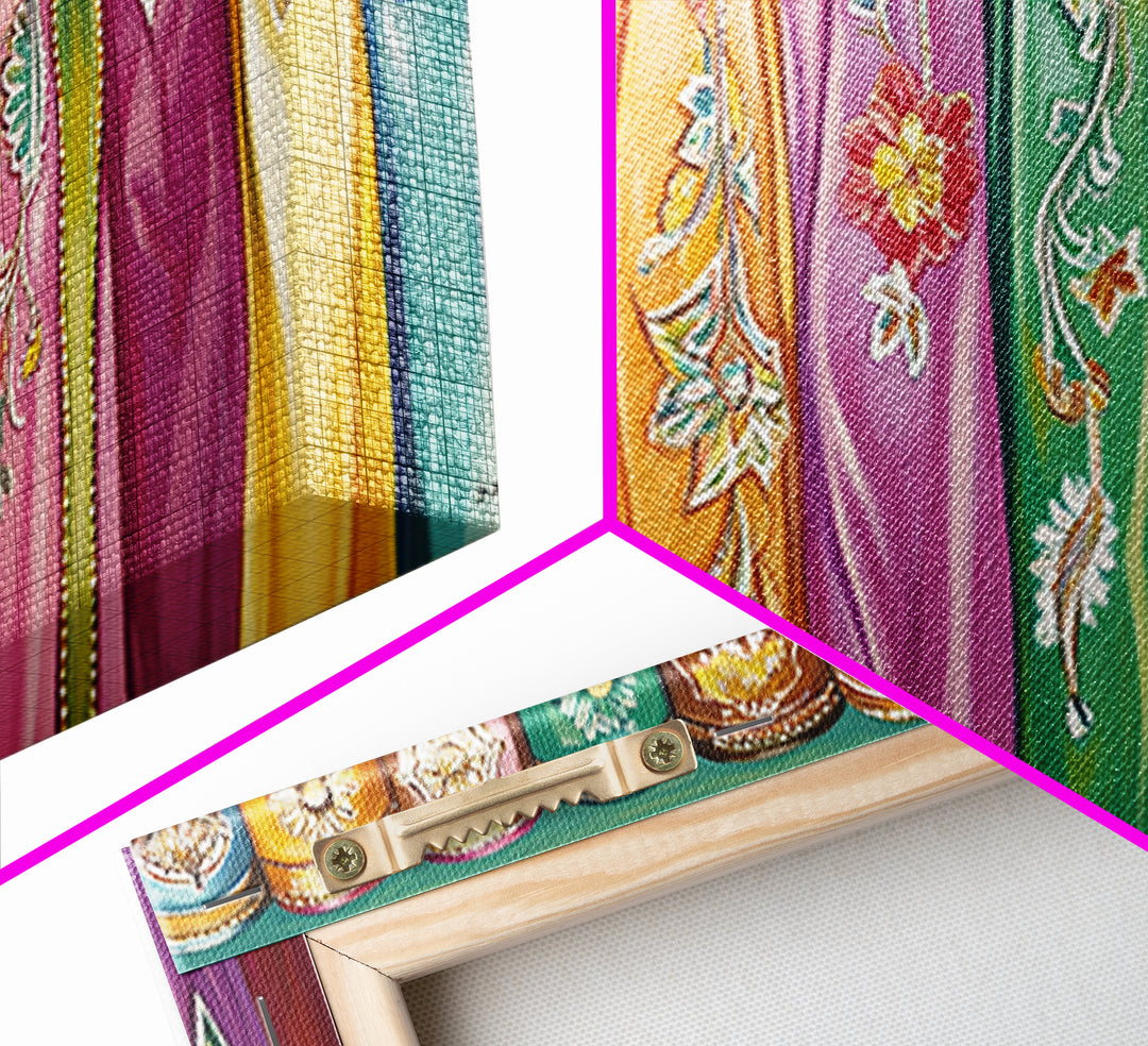Vibrant Embroidered Textile Wall Art, Boho Western Scarf Canvas Print, Maximalist Decor, Cowgirl Home Decor For Living Room