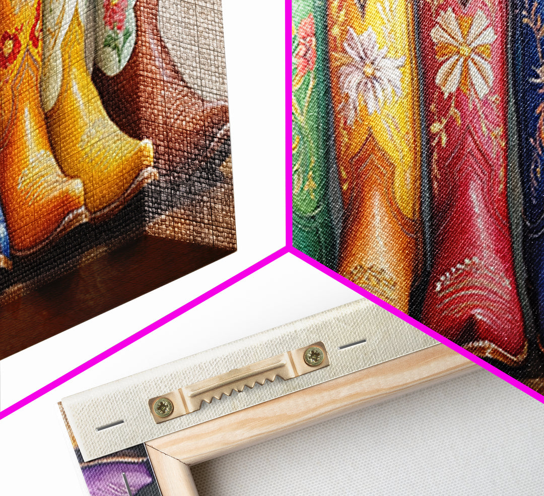 Bright Embroidered Western Boots Framed Canvas Print, Cowgirl Wall Art, Rustic Ranch Decor, Colorful Country Housewarming Gift