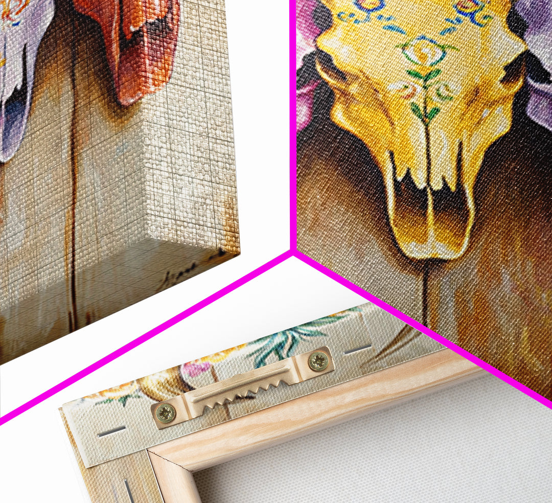 Floral Painted Longhorn Skulls Framed Canvas Print, Western Wall Art, Southwestern Decor, Cowgirl Ranch Home Decor Gift Idea