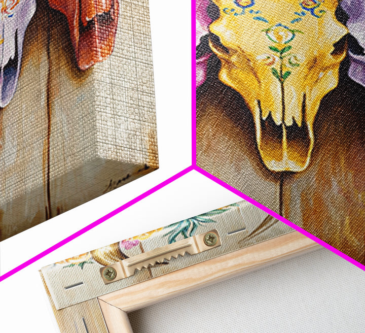 Floral Painted Longhorn Skulls Framed Canvas Print, Western Wall Art, Southwestern Decor, Cowgirl Ranch Home Decor Gift Idea