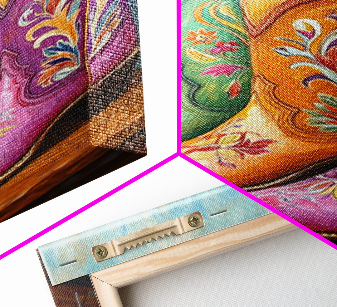 Pink Purple And Orange Cowboy Boots Framed Canvas Print, Western Cowgirl Wall Art, Floral Ranch Decor, Gift For Her Home Decor