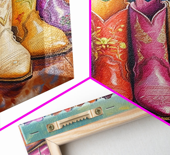 Front Facing Pink Blue Red And Cream Cowgirl Boots Framed Canvas Print, Western Wall Art, Maximalist Decor, Gift For Her