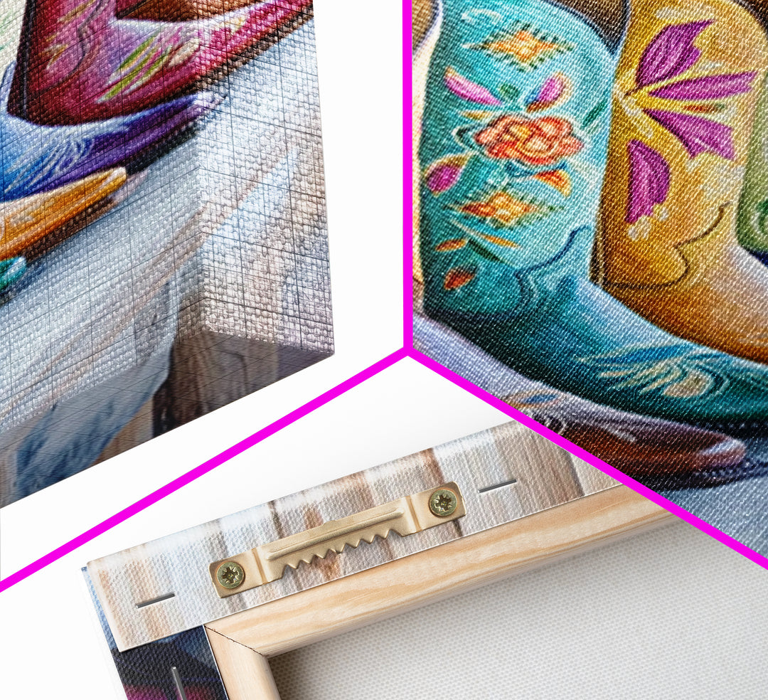 Rustic Row Of Painted Cowgirl Boots Wall Art, Western Floral Canvas Print, Southwestern Ranch Decor, Housewarming Gift For Her