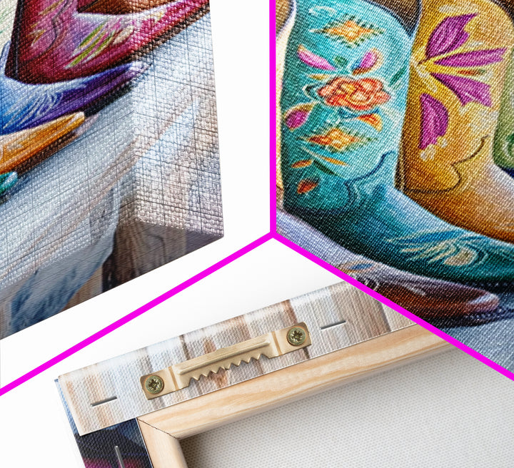 Rustic Row Of Painted Cowgirl Boots Wall Art, Western Floral Canvas Print, Southwestern Ranch Decor, Housewarming Gift For Her
