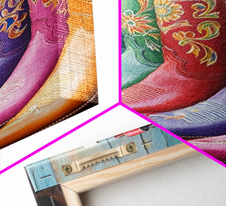 Bright Floral Cowboy Boots Wall Art, Western Boot Print, Cowgirl Room Decor, Rustic Farmhouse Canvas Wall Art, Housewarming Gift
