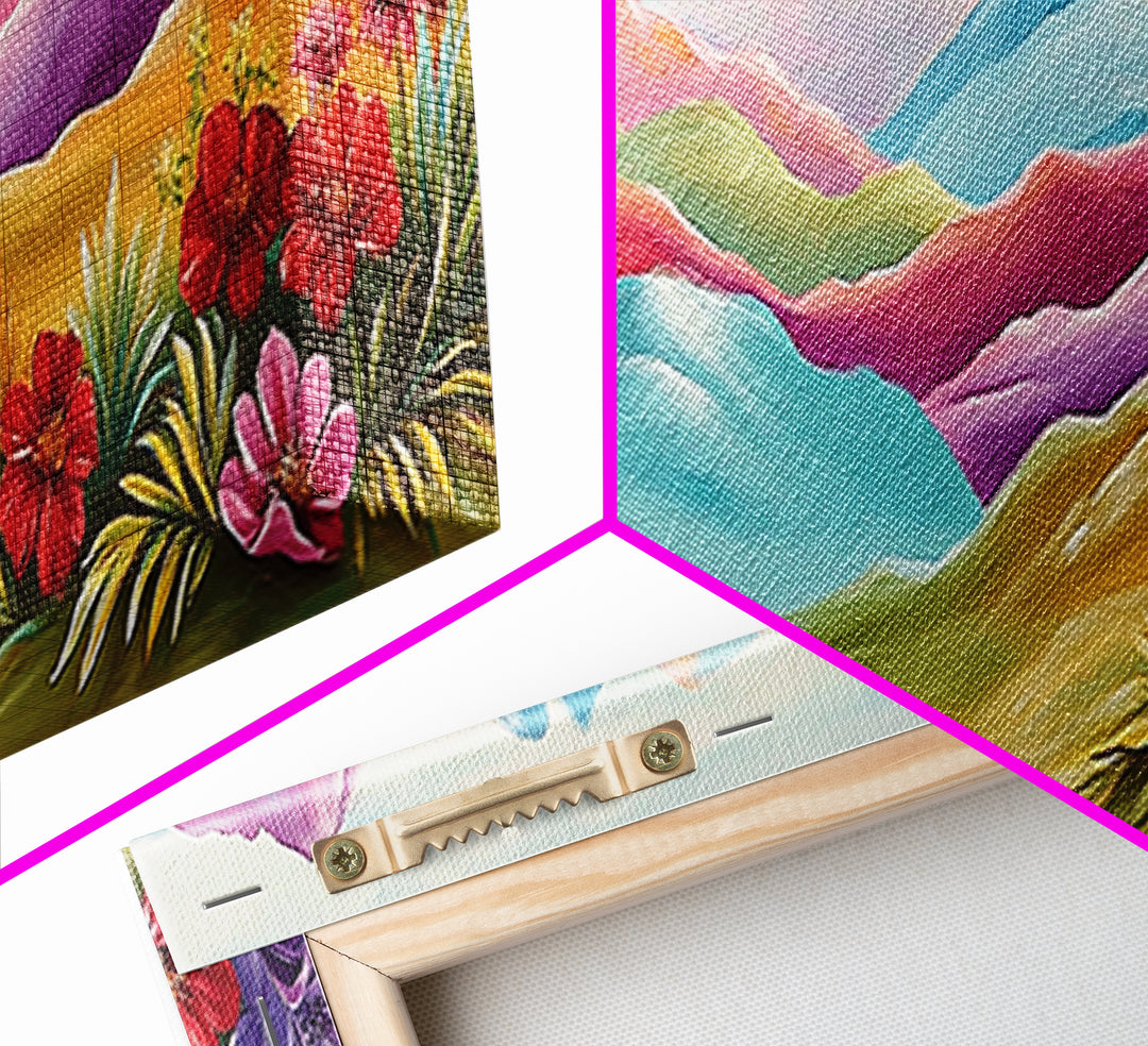 Vibrant Rainbow Mountains With Desert Flowers Wall Art, Abstract Landscape, Colorful Wall Art, Southwestern Decor, Large Canvas Print