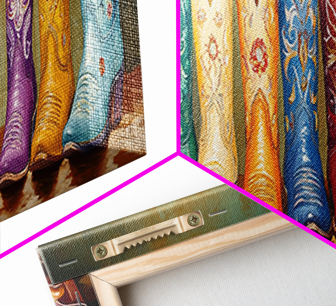 Vibrant Embroidered Cowboy Boots Wall Art, Western Cowgirl Decor, Maximalist Canvas Print, Rustic Rodeo Living Room Decor