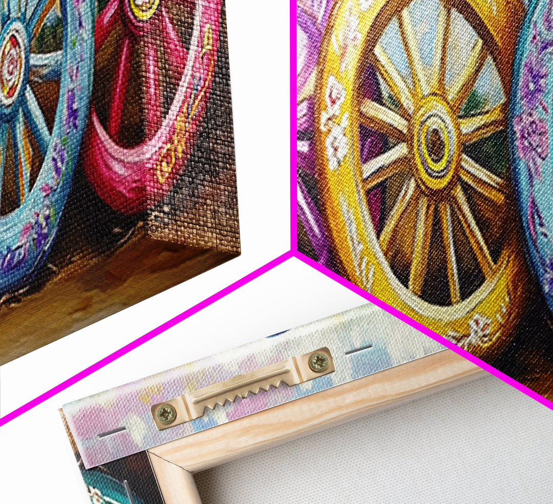 Painted Wagon Wheels Framed Canvas Print, Colorful Western Wall Decor, Rustic Ranch Art, Farmhouse Living Room Gift, Housewarming Gift