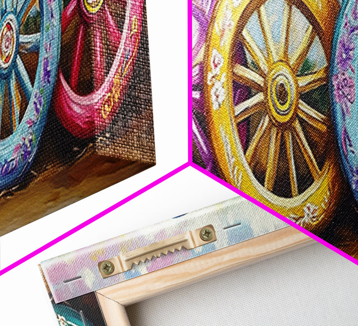 Painted Wagon Wheels Framed Canvas Print, Colorful Western Wall Decor, Rustic Ranch Art, Farmhouse Living Room Gift, Housewarming Gift