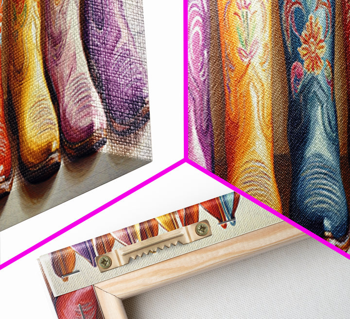 Colorful Embroidered Cowboy Boots Wall Art, Western Cowgirl Decor, Rustic Farmhouse Canvas, Vibrant Entryway Art Print Gift