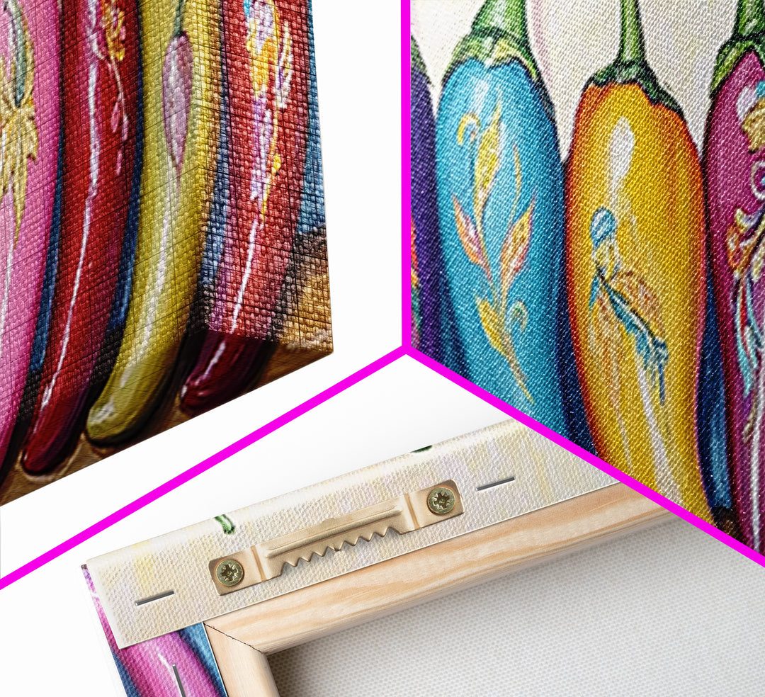 Bright Rainbow Chili Peppers Wall Art, Colorful Kitchen Decor, Southwestern Food Print, Dopamine Dining Room Canvas Gift