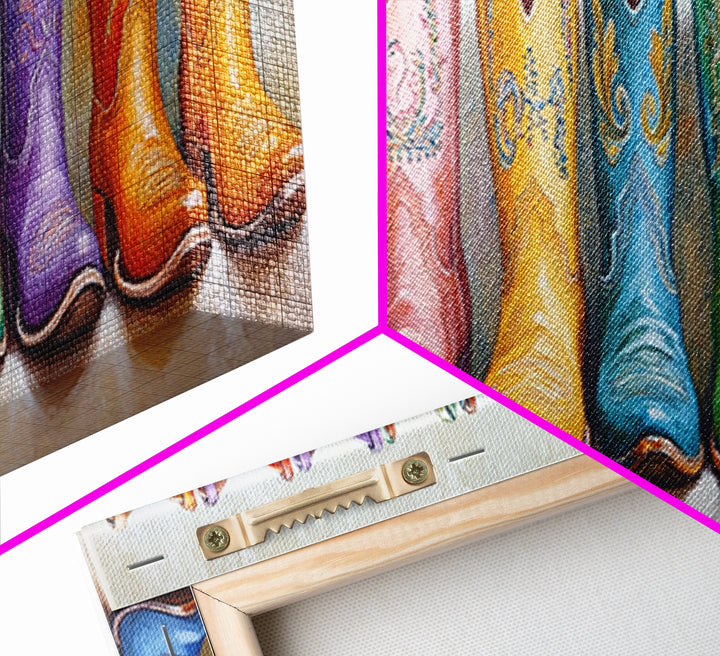Bright Embroidered Cowboy Boots Canvas Print, Western Wall Art, Cowgirl Home Decor, Colorful Boho Bedroom Housewarming Gift