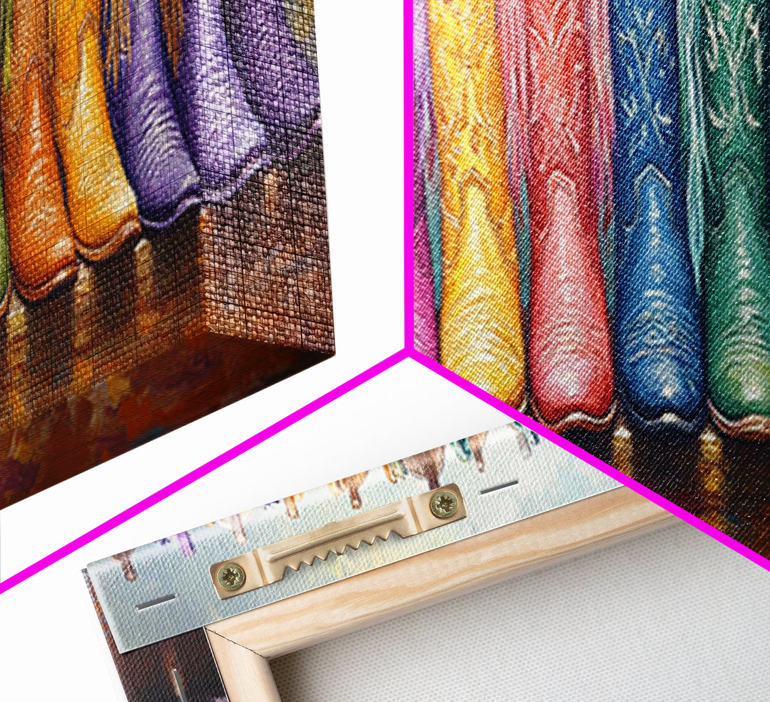 Panoramic Rainbow Cowboy Boots Wall Art, Long Horizontal Canvas Print For Western Decor, Cowgirl Ranch Home Accent Gift Idea
