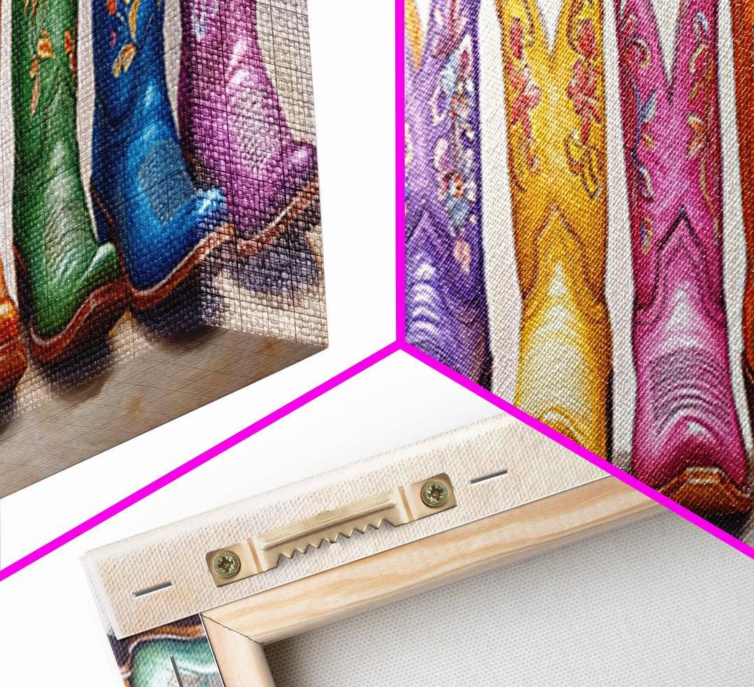 Pastel Embroidered Cowboy Boots Wall Art, Western Framed Canvas Print For Cowgirl Nursery Decor And Rustic Home Wall Decor