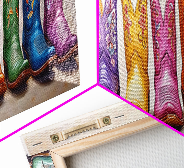 Pastel Embroidered Cowboy Boots Wall Art, Western Framed Canvas Print For Cowgirl Nursery Decor And Rustic Home Wall Decor
