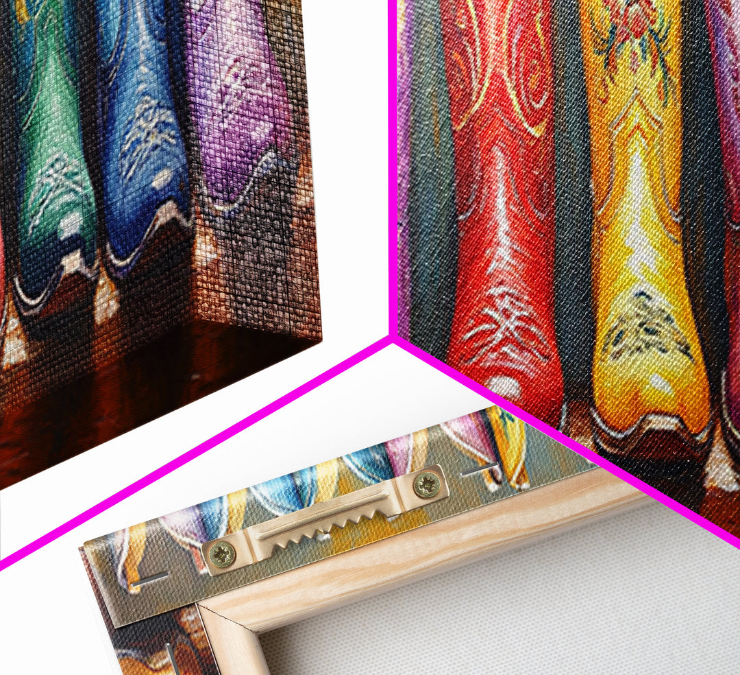 Glossy Embroidered Cowgirl Boots Canvas Print, Colorful Western Wall Art, Rodeo Room Decor, Boho Ranch Housewarming Gift Idea