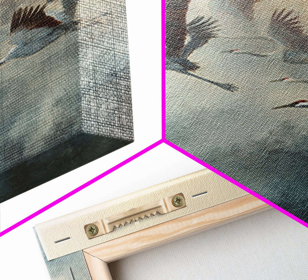 Ethereal Cranes Flying Through Pale Morning Mist Canvas Print, Above Bed Art, Fine Art Print, Bedroom Decor, Serenity, ABA-1x1-33
