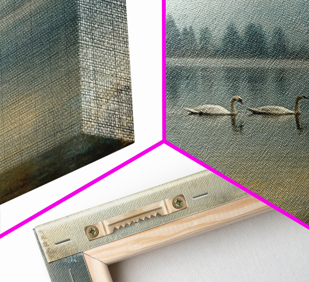 Paired Swans in a Dreamy Painterly Lake Framed Canvas Print, Above Bed Art, Boho Decor, Bedroom Decor, Oil Painting, Serenity, ABA-1x1-46