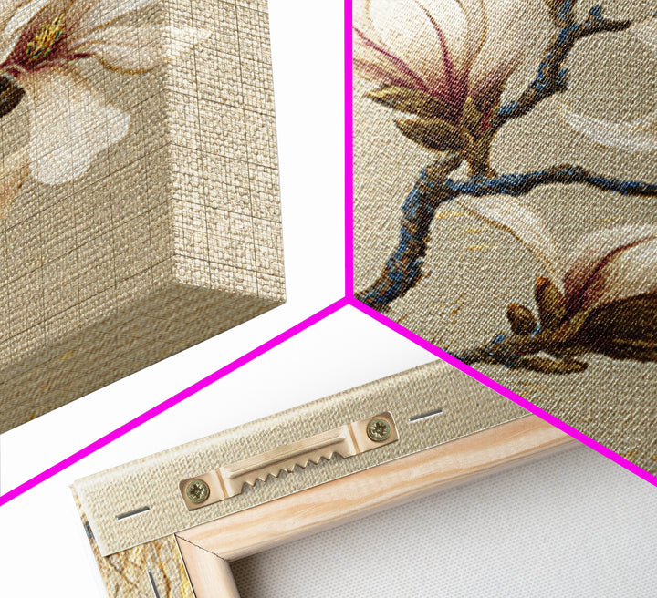 Delicate Magnolia Branch on Cream Background Framed Canvas Print, Above Bed Art, Boho Wall Art, Bedroom Decor, Watercolor Art, ABA-1x1-64