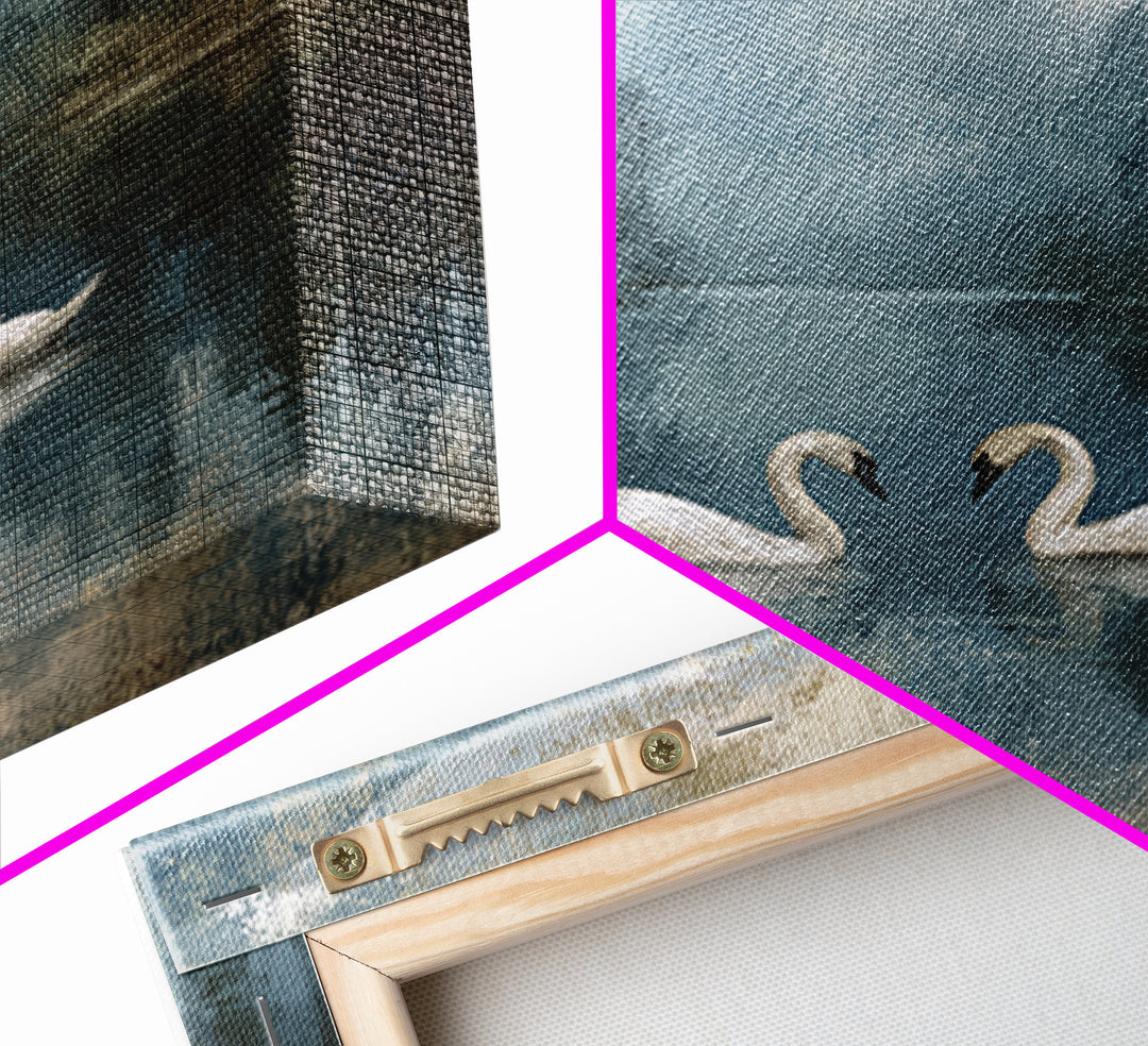 Paired Swans in a Dreamy Painterly Lake Framed Canvas Print, Above Bed Art, Boho Decor, Bedroom Decor, Oil Painting, Serenity, ABA-1x1-70