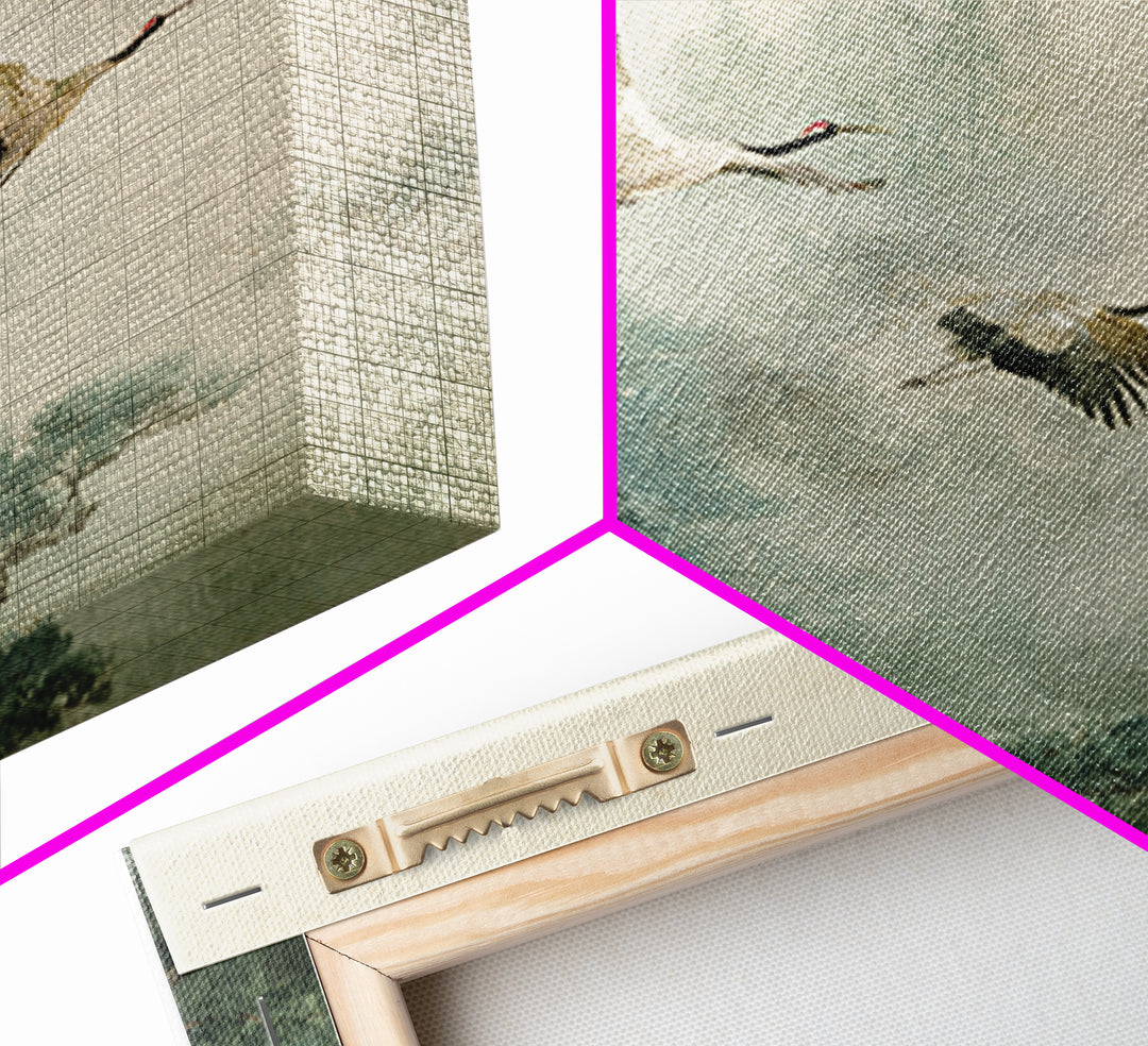 Ethereal Cranes Flying Through Pale Morning Mist Canvas Print, Above Bed Art, Textured Painting, Bedroom Decor, Serenity, ABA-1x1-81