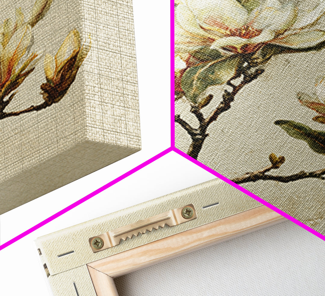 Delicate Magnolia Branch on Cream Background Canvas Print, Above Bed Art, Textured Painting, Bedroom Decor, Serenity, ABA-1x1-88