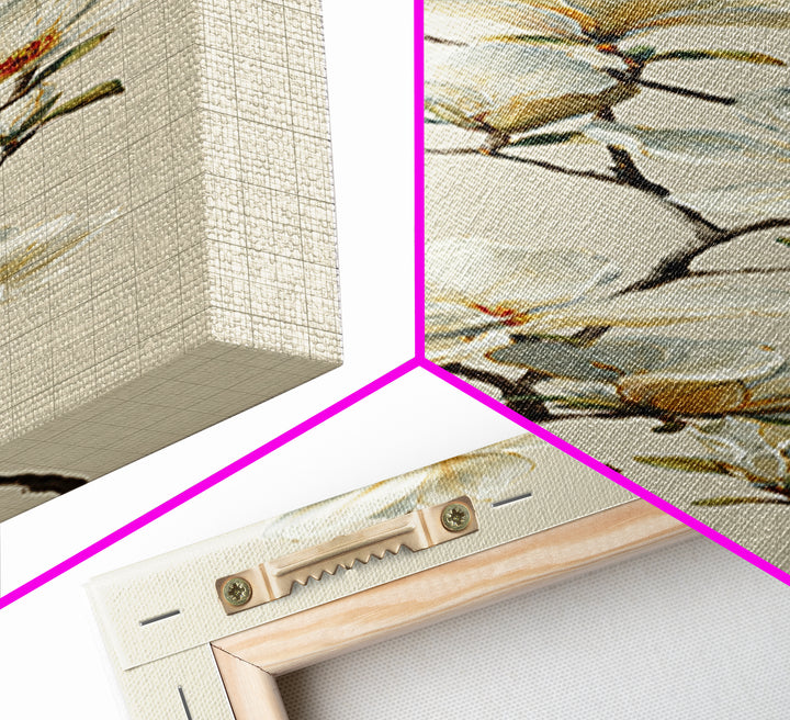 Delicate Magnolia Branch on Cream Background Framed Canvas Print, Above Bed Art, Digital Print, Bedroom Decor, Serenity, ABA-1x3-76