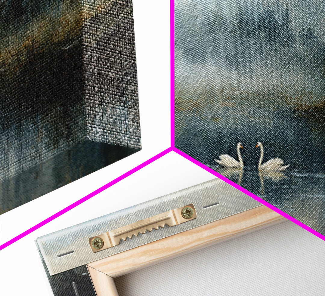 Paired Swans in a Dreamy Painterly Lake Framed Canvas Print, Above Bed Art, Fine Art Print, Bedroom Decor, Fine Art, Serenity, ABA-2x1-18