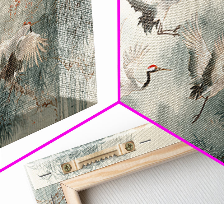 Ethereal Cranes Flying Through Pale Morning Mist Canvas Print, Above Bed Art, Bedroom Decor, Oil Painting, Serenity, ABA-2x1-53