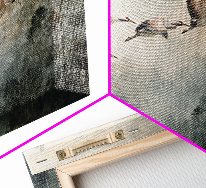 Ethereal Cranes Flying Through Pale Morning Mist Canvas Print, Above Bed Art, Bedroom Decor, Oil Painting, Serenity, ABA-2x1-77