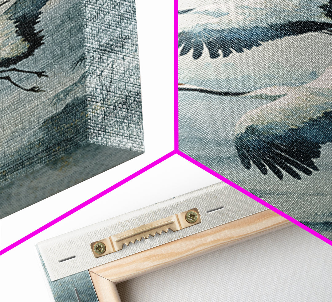 Ethereal Cranes Flying Through Pale Morning Mist Canvas Print, Above Bed Art, Printable Wall Art, Bedroom Decor, Serenity, ABA-2x3-17