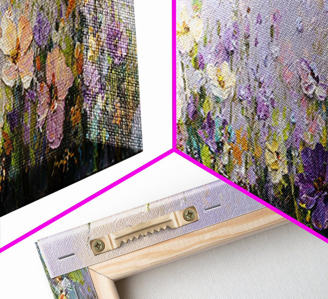 Wide Meadow of Muted Wildflowers at Dusk Framed Canvas Print, Above Bed Art, Bedroom Decor, Watercolor Art, Serenity, ABA-3x1-2