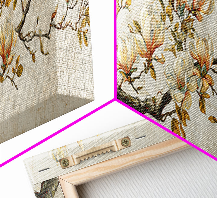 Delicate Magnolia Branch on Cream Background Framed Canvas Print, Above Bed Art, Bedroom Wall Decor, Bedroom Decor, Serenity, ABA-3x1-32