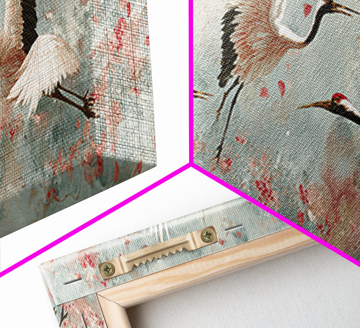 Ethereal Cranes Flying Through Pale Morning Mist Canvas Print, Above Bed Art, Dopamine Decor, Bedroom Decor, Abstract Art, ABA-3x1-49