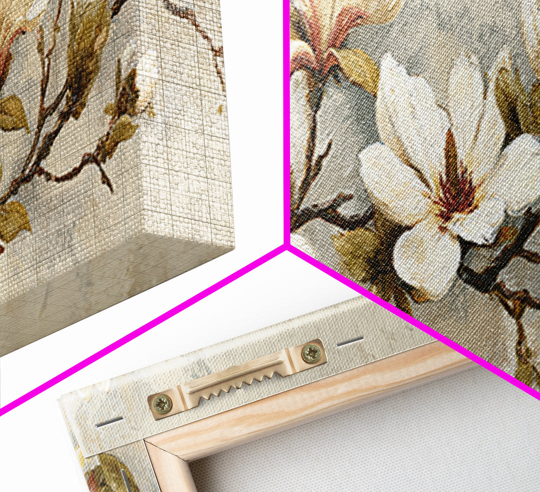 Delicate Magnolia Branch on Cream Background Canvas Print, Above Bed Art, Textured Painting, Bedroom Decor, Serenity, ABA-3x1-56