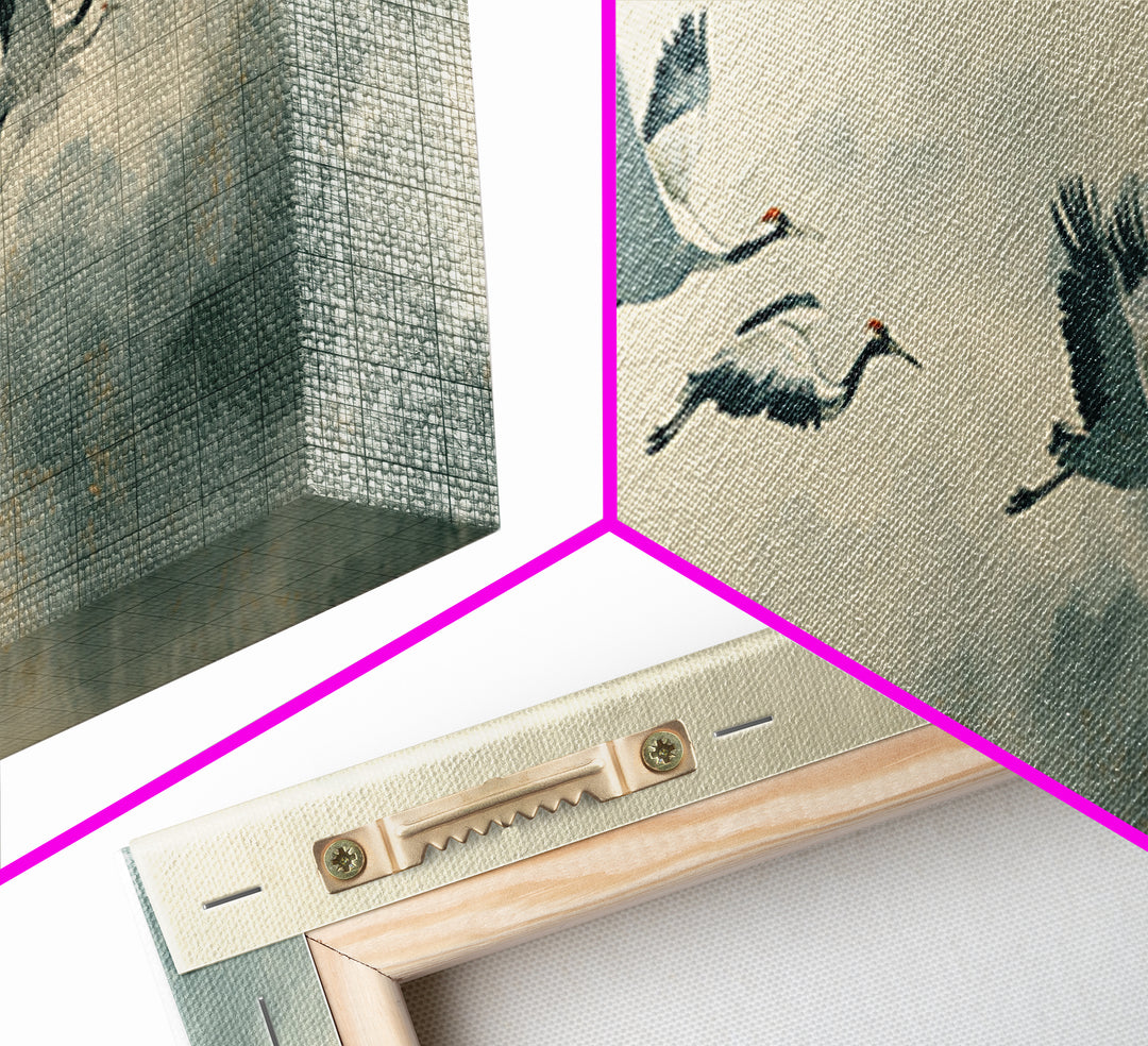 Ethereal Cranes Flying Through Pale Morning Mist Canvas Print, Above Bed Art, Living Room Wall Art, Bedroom Decor, Serenity, ABA-3x1-73