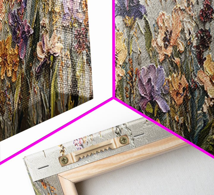 Wide Meadow of Muted Wildflowers at Dusk Framed Canvas Print, Above Bed Art, Whimsical Decor, Bedroom Decor, Fine Art, Serenity, ABA-3x1-74