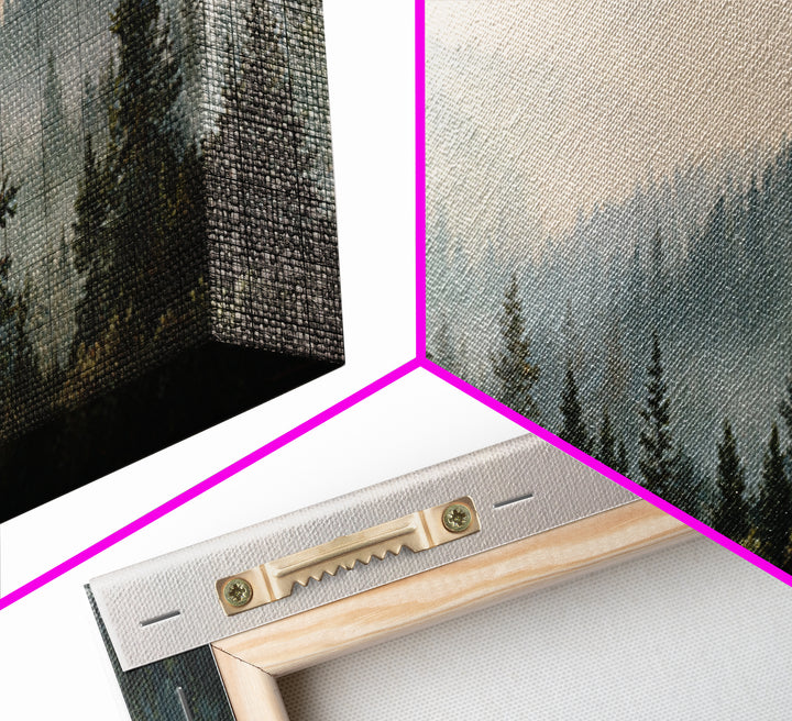 Quiet Forest Ridge Softened by Fog Canvas Print, Above Bed Art, Digital Prints, Bedroom Decor, Oil Painting, Serenity, ABA-3x1-78