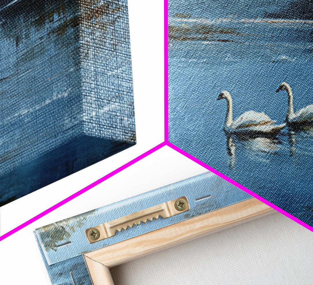 Paired Swans in a Dreamy Painterly Lake Framed Canvas Print, Above Bed Art, Printable Wall Art, Bedroom Decor, Serenity, ABA-3x2-2