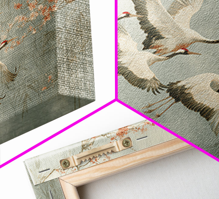 Ethereal Cranes Flying Through Pale Morning Mist Canvas Print, Above Bed Art, Sage Green Wall Art, Bedroom Decor, Oil Painting, ABA-3x2-37