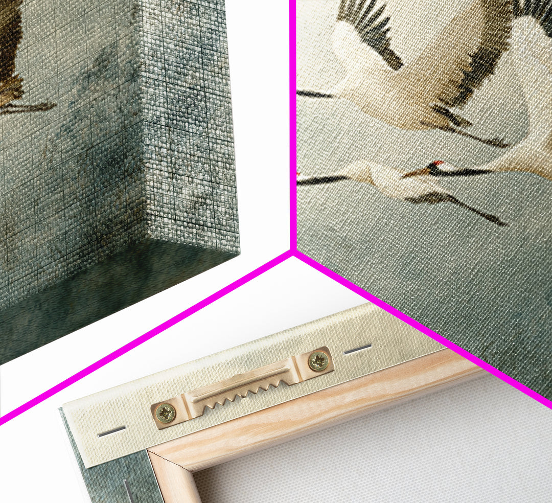 Ethereal Cranes Flying Through Pale Morning Mist Canvas Print, Above Bed Art, Sage Green Wall Art, Bedroom Decor, Oil Painting, ABA-3x2-61