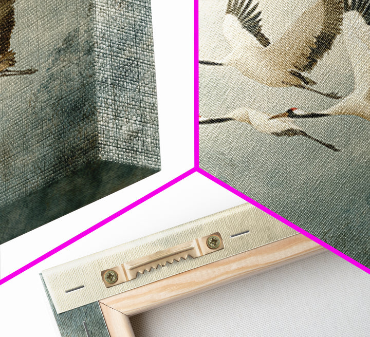 Ethereal Cranes Flying Through Pale Morning Mist Canvas Print, Above Bed Art, Sage Green Wall Art, Bedroom Decor, Oil Painting, ABA-3x2-61